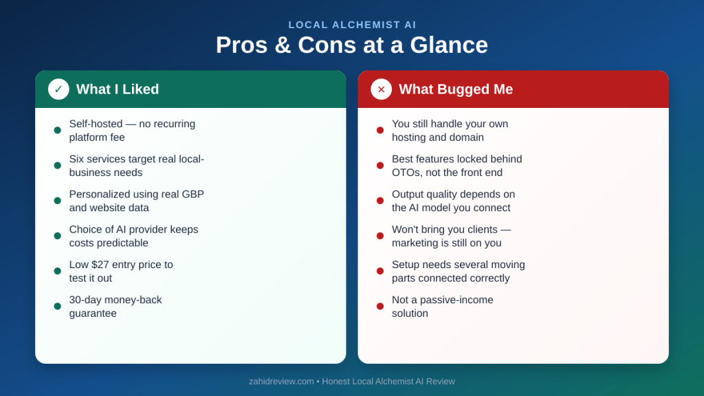 Side-by-side comparison of advantages and limitations for a self-hosted local marketing SaaS